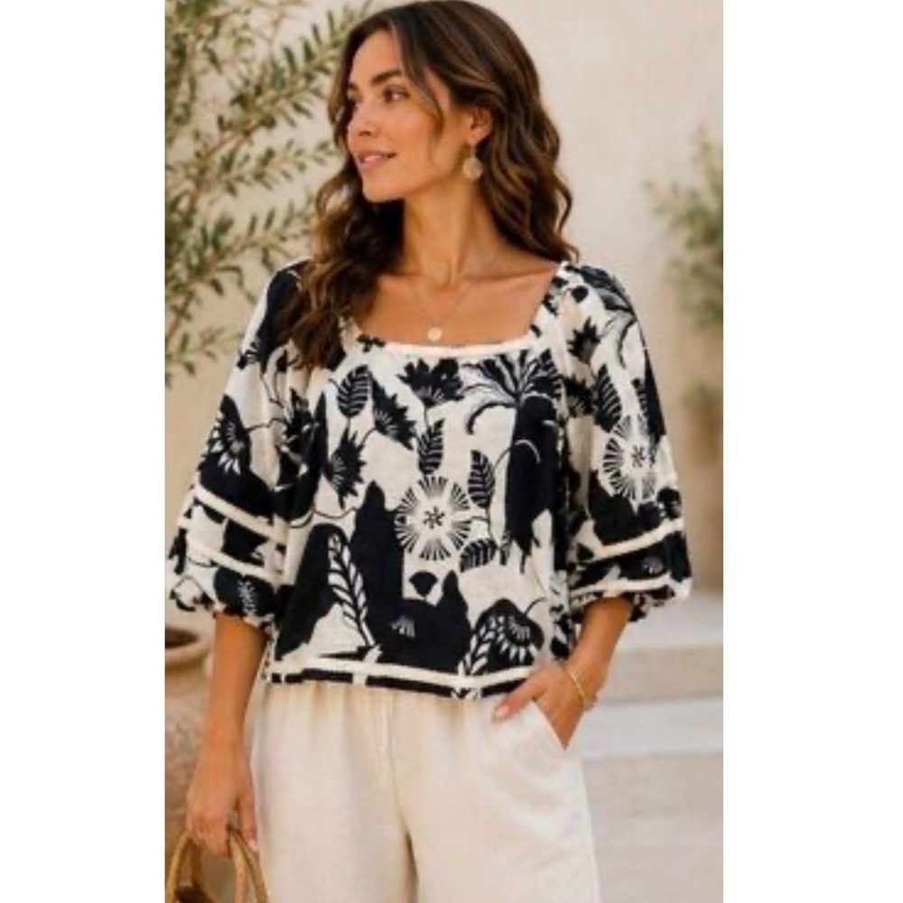 Nicole Miller New York Linen Blouse Black White Floral Puff Sleeve Top Small